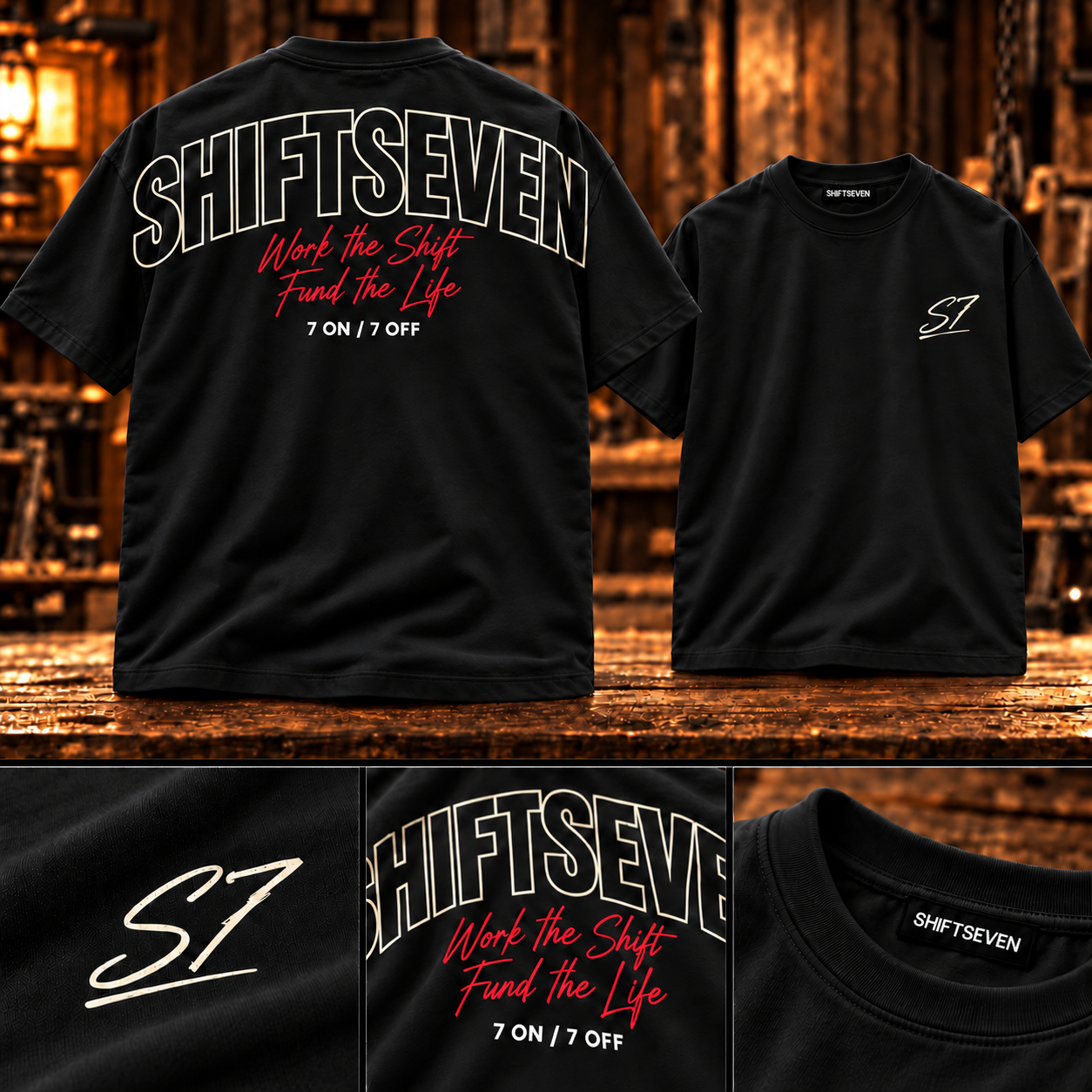 Black Work the Shift Tee with cream S7 and Shiftseven lettering, red script and white 7 ON / 7 OFF, front, back and detail close-ups