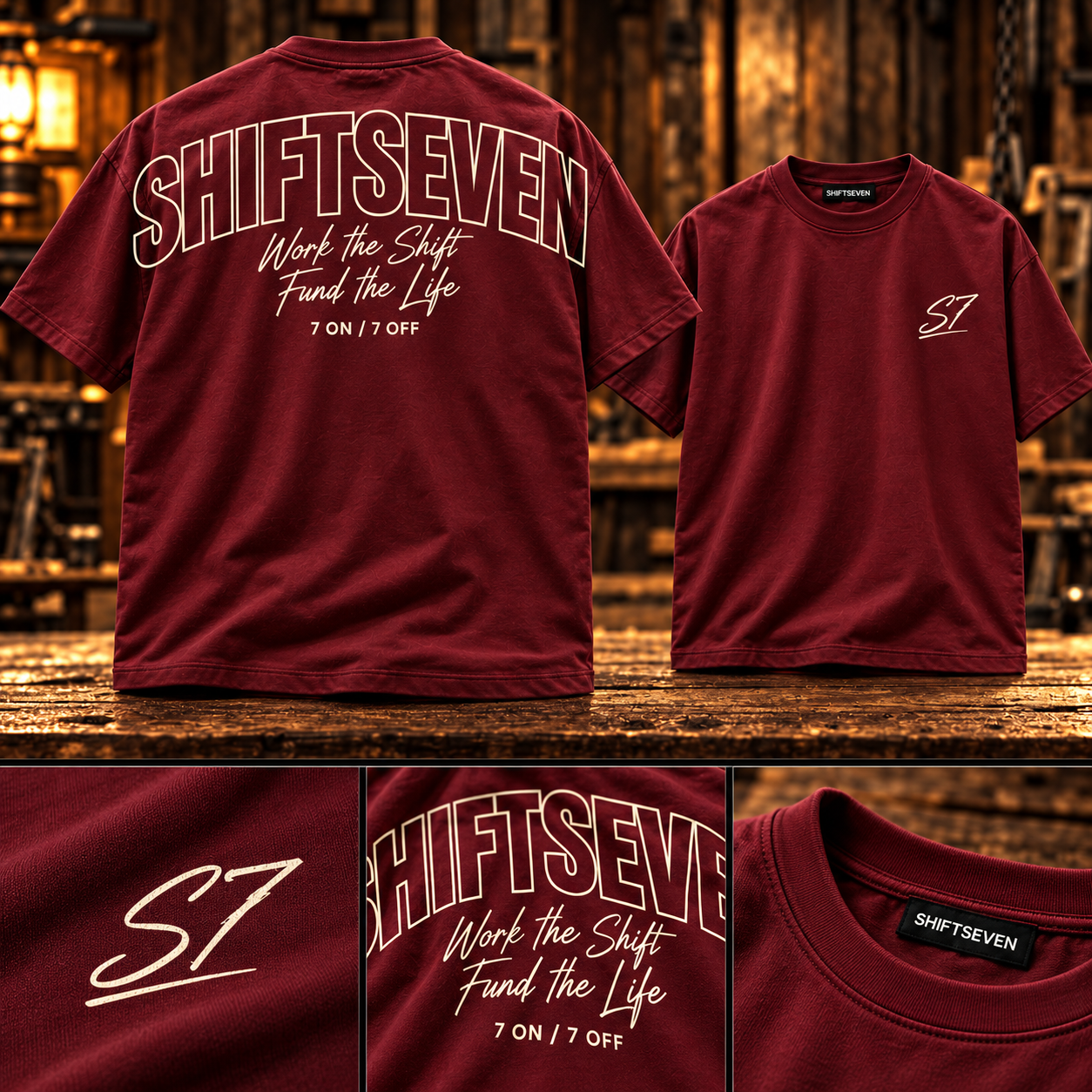 Burgundy Work the Shift Tee, front and back with cream lettering and detail close-ups on timber