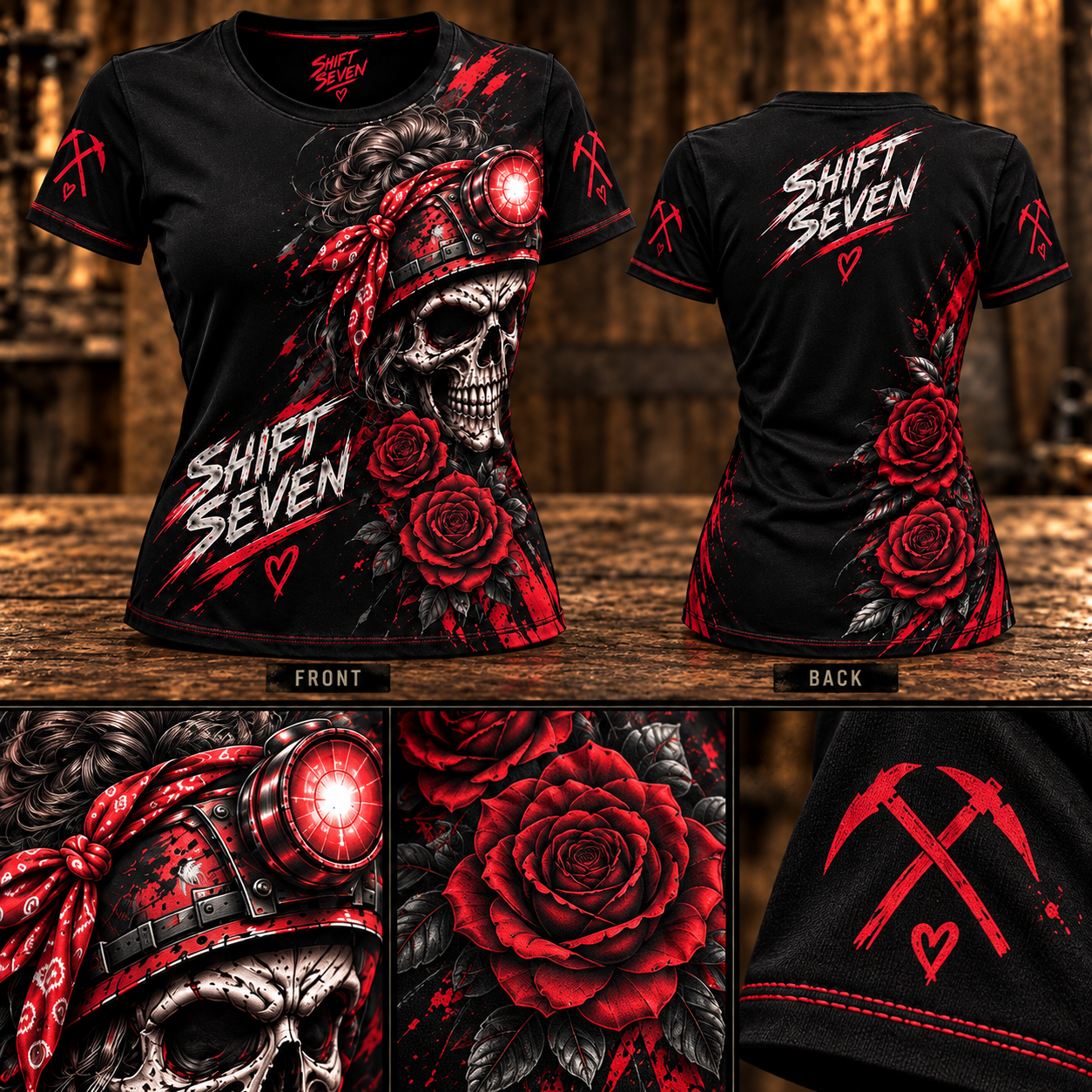 Hard Work Wild Heart black tee with a miner skull, red bandana, red roses and crossed-pickaxe heart sleeve details, shown front and back
