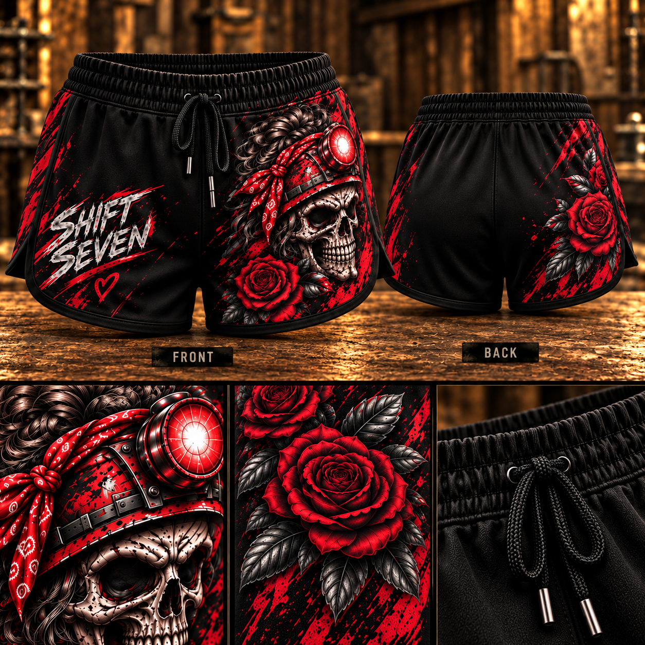 Hard Work Wild Heart Shorts with red miner skull and rose artwork, front and back views and detail close-ups on timber