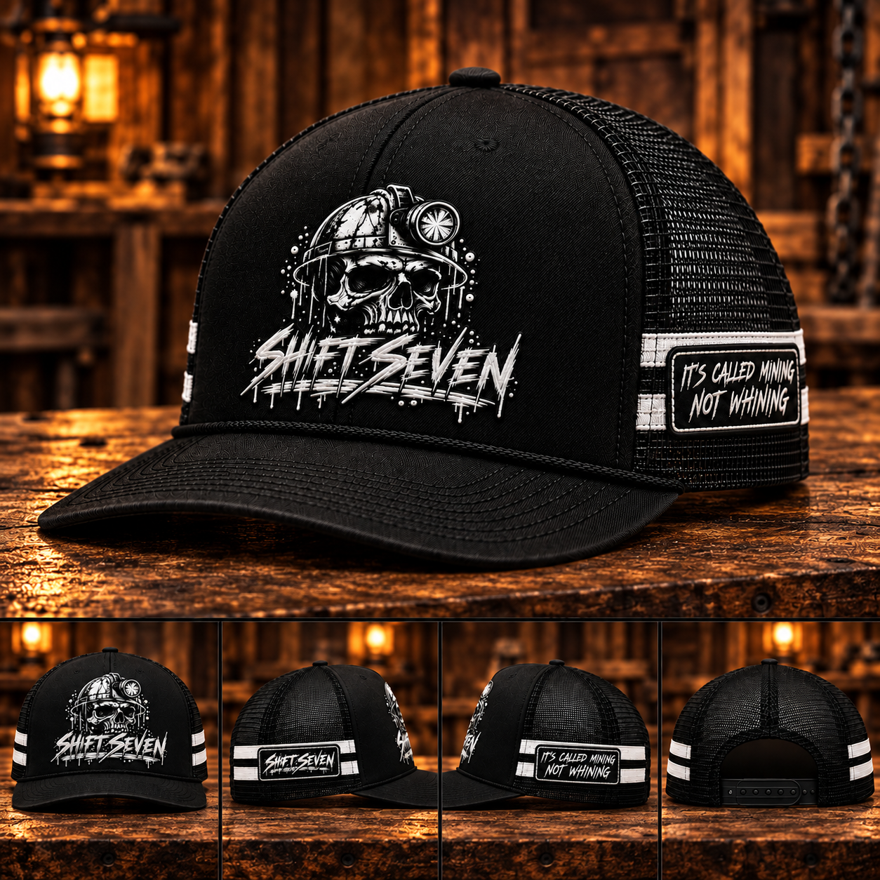 Black Shiftseven miner skull trucker cap on a timber backdrop, with front, side patch and rear detail views