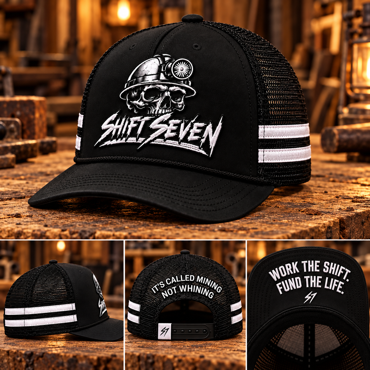 Black Shiftseven miner skull trucker cap on a timber backdrop, with front, side stripes, rear slogan and under-brim detail views