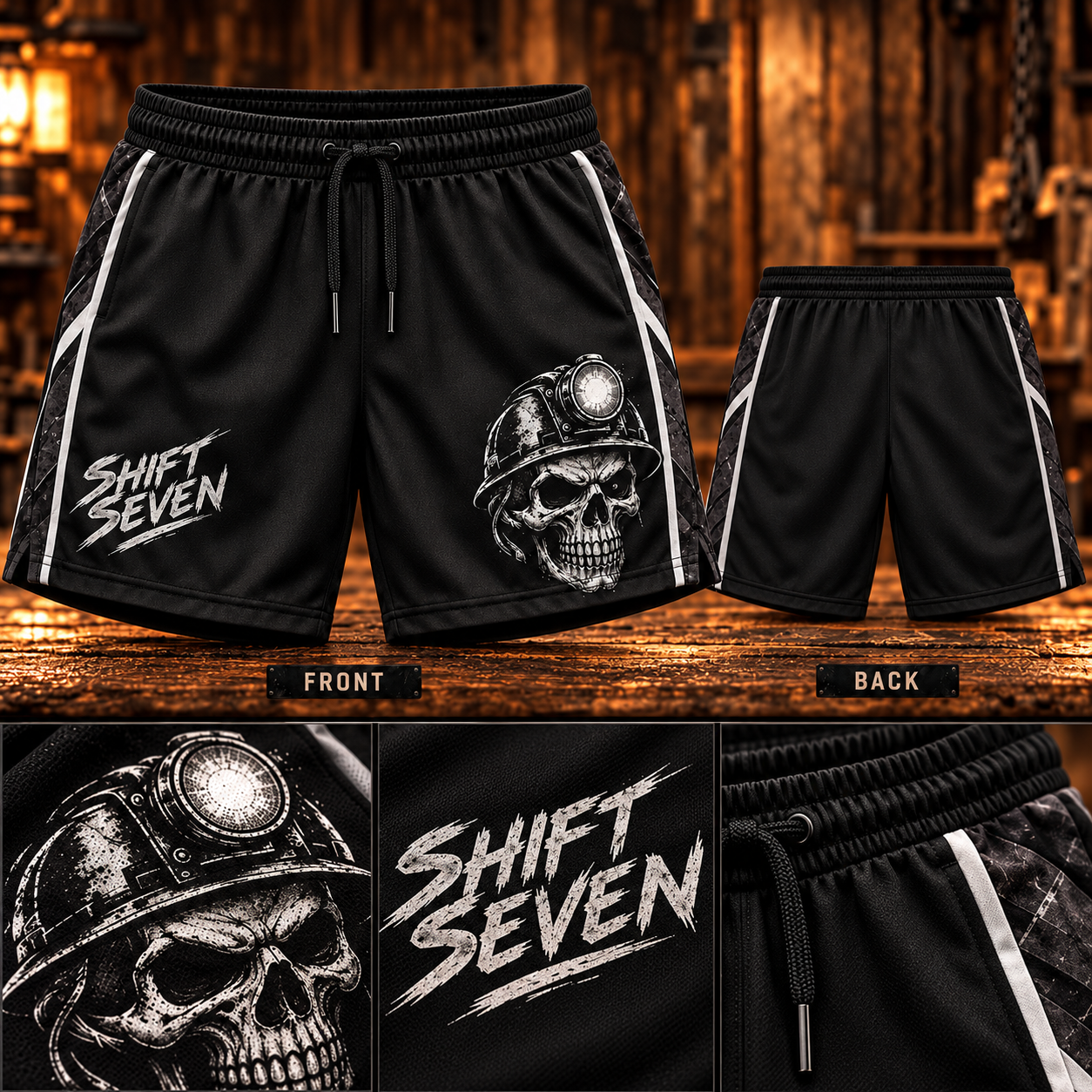 Black Miner Skull Shorts with white Shift Seven lettering, miner skull artwork and side piping, showing front, back and detail close-ups on timber
