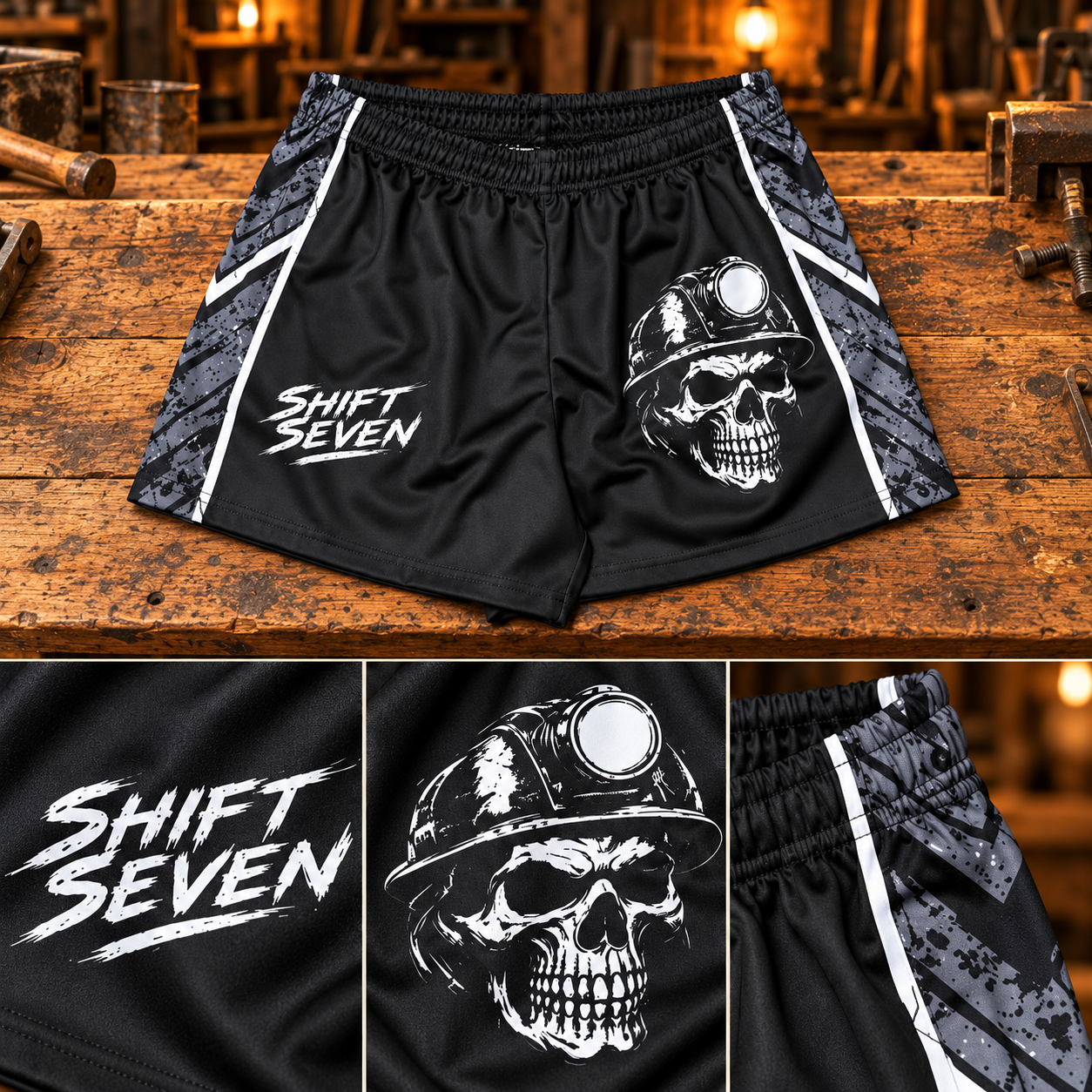 Black Miner Skull Shorts with white Shift Seven lettering, miner skull artwork, grey patterned side panels and white piping, showing front view and detail close-ups on timber