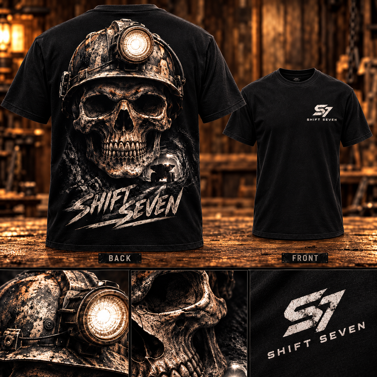 Original Shiftseven black tee with a miner skull, hard hat and headlamp on the back, mine truck detail and S7 chest logo