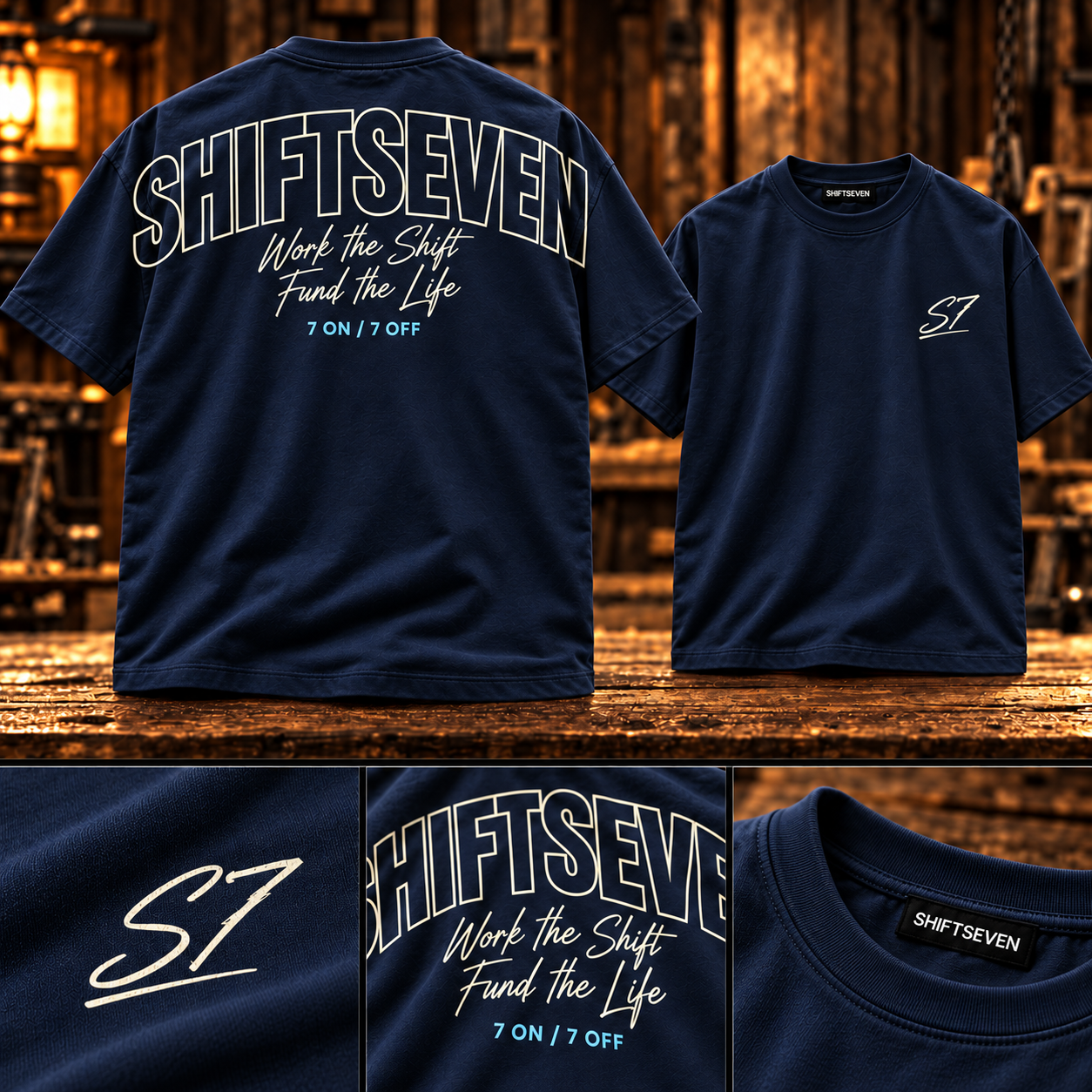 Navy Work the Shift Tee, front and back with cream lettering and detail close-ups on timber