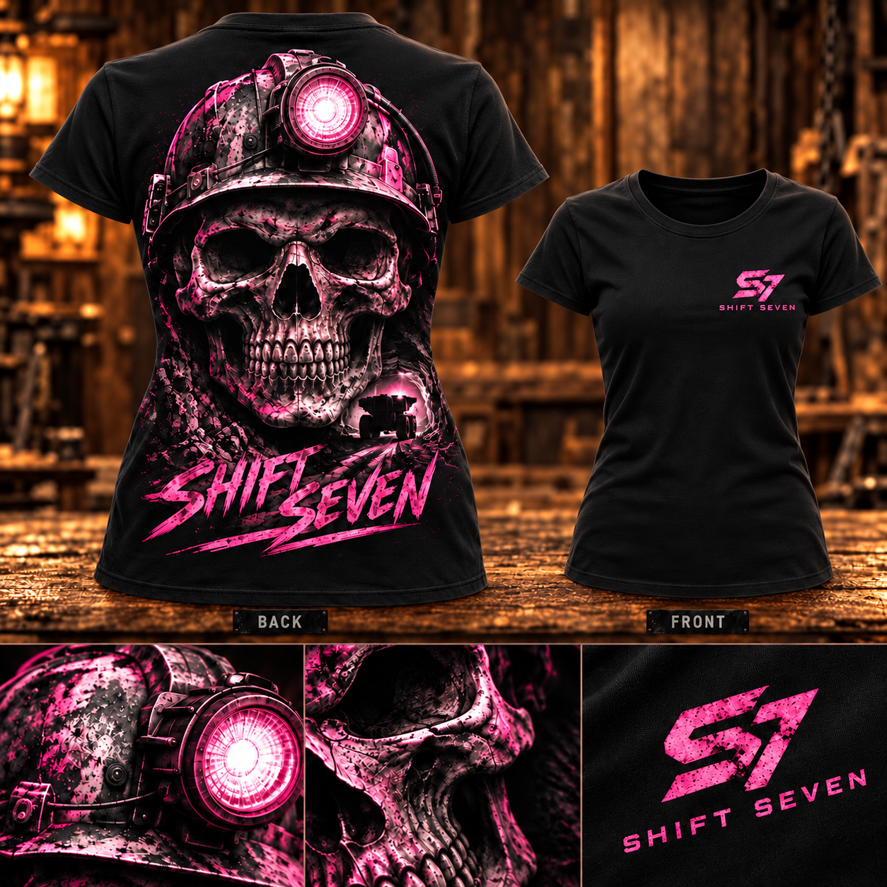 Pink Miner Skull Tee showing the black fitted shirt, pink skull and headlamp artwork, front chest logo and detail close-ups on a timber backdrop