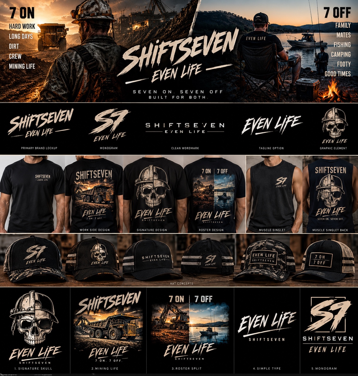 Future Even Life range moodboard showing mining on shift and fishing and camping off shift