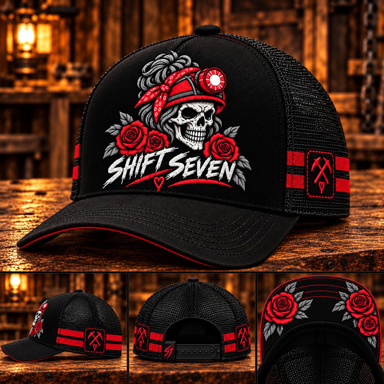 Hard Work Wild Heart Cap with red skull and roses, stitched pickaxe patches, rear and rose-lined brim details on a timber backdrop