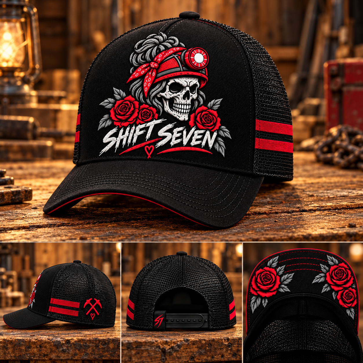 Hard Work Wild Heart Cap with red skull and roses, crossed-pickaxe details, rear and rose-lined brim details on a timber backdrop