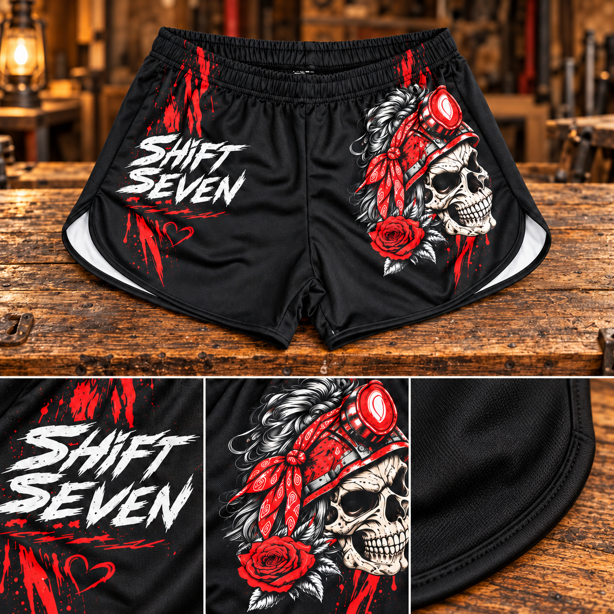 Hard Work Wild Heart Shorts with red miner skull and rose artwork, white side details, front view and detail close-ups on timber